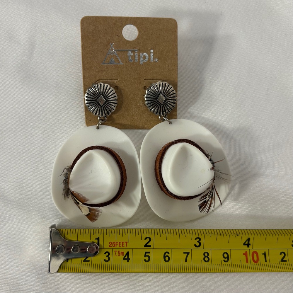 Tipi White Cowboy Hat Earrings Turquoise Feather Western Boho Jewelry - Picture 6 of 7